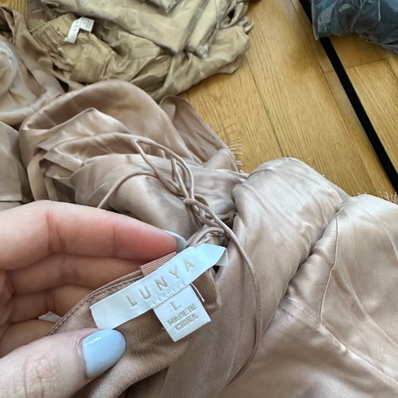 NWOT Lunya Washable Silk Slip Dress Strappy Fringe Side Slits Otium Tan Sz Large - Picture 2 of 8